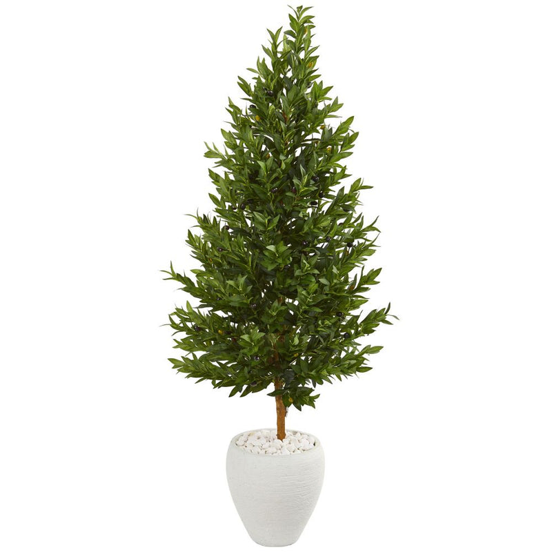 5’ Olive Cone Topiary Artificial Tree in White Planter UV Resistant (Indoor/Outdoor) Default Title