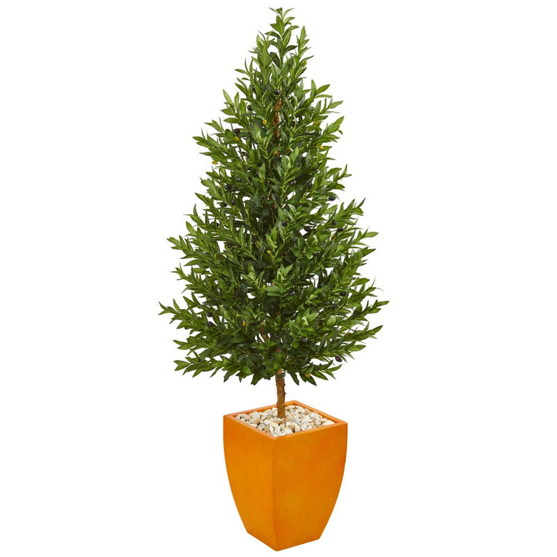 5.5’ Olive Cone Topiary Artificial Tree in Orange Planter UV Resistant (Indoor/Outdoor) Default Title