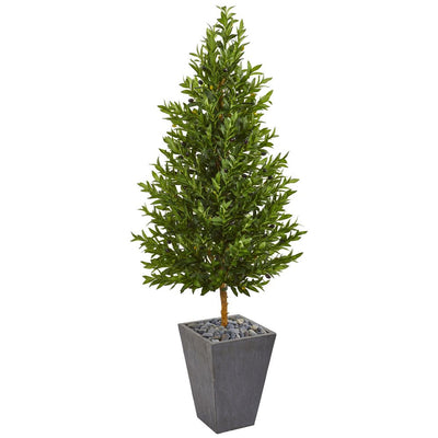 67” Olive Cone Topiary Artificial Tree in Slate Planter UV Resistant (Indoor/Outdoor) Default Title