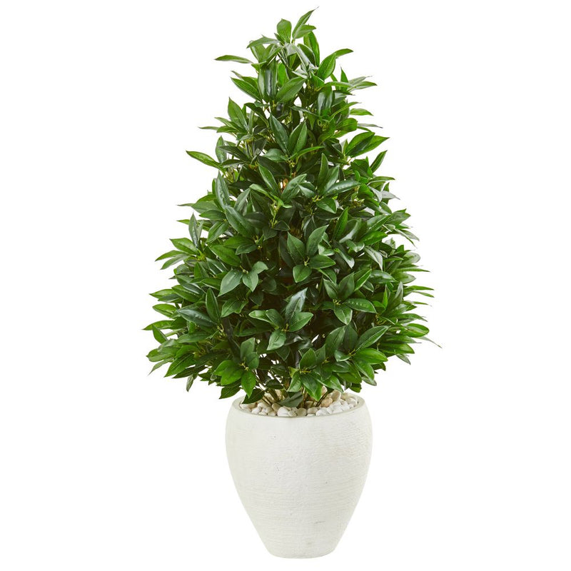 44” Bay Leaf Cone Topiary Artificial Tree in White Planter UV Resistant (Indoor/Outdoor) Default Title