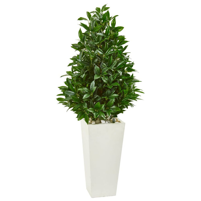 4’ Bay Leaf Cone Topiary Artificial Tree in White Tower Planter UV Resistant (Indoor/Outdoor) Default Title