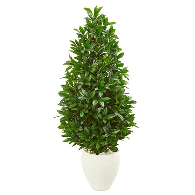 4.5’ Bay Leaf Cone Topiary Artificial Tree UV Resistant in White Planter (Indoor/Outdoor) Default Title