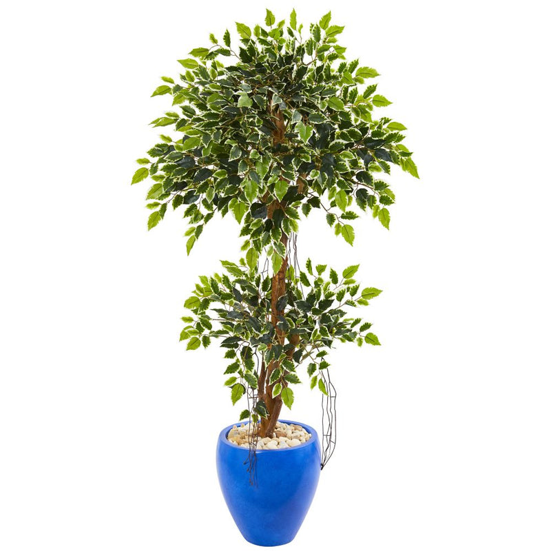 4.5’ Variegated Ficus Artificial Tree in Blue Planter Default Title