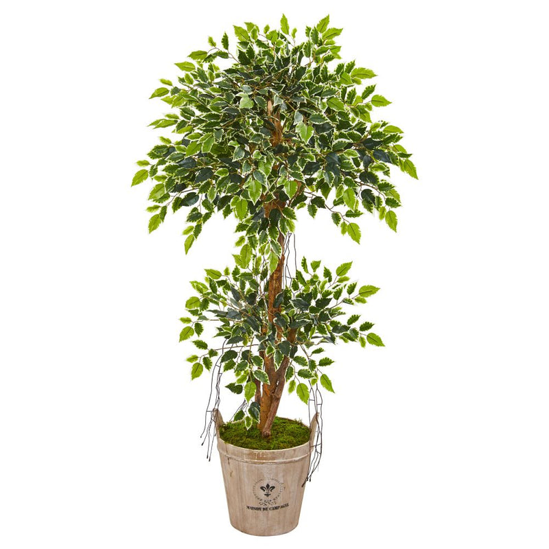 4.5’ Variegated Ficus Artificial Tree in Farmhouse Planter Default Title