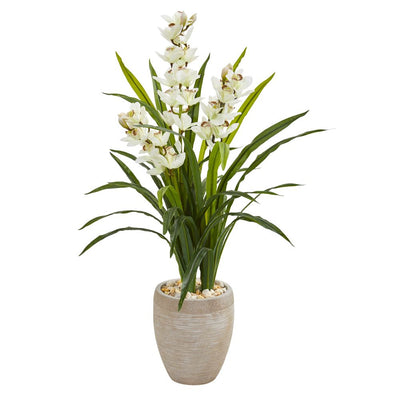 4’ Cymbidium Orchid Artificial Plant in Sandstone Planter Default Title