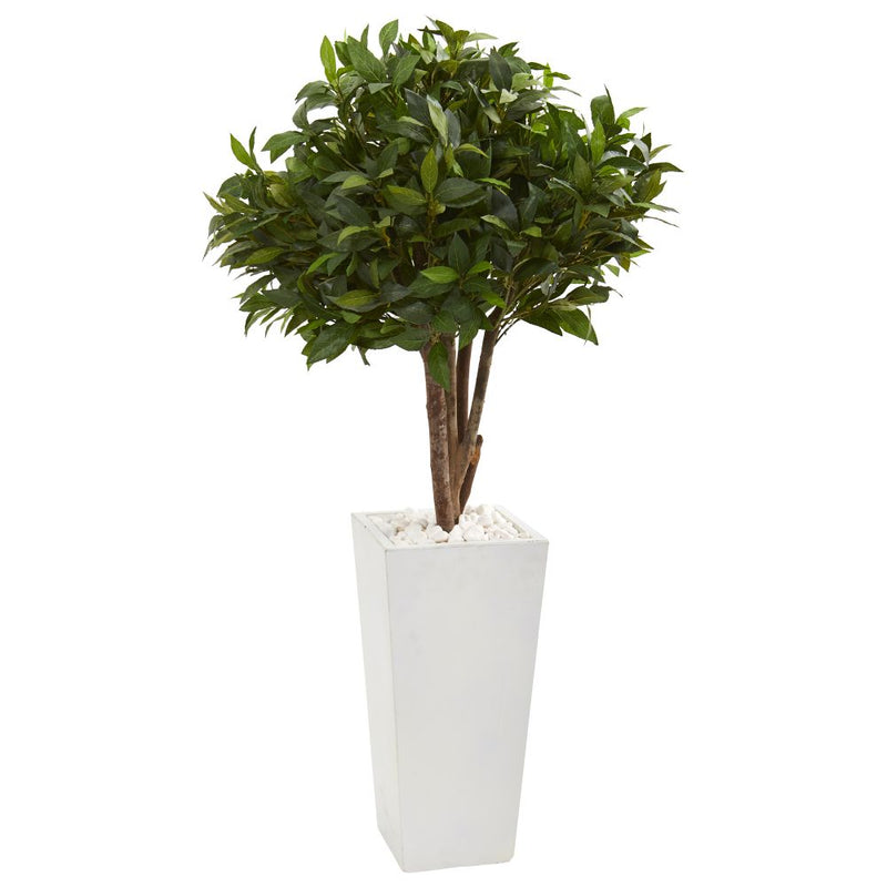 49” Bay Leaf Topiary Artificial Tree in White Tower Planter Default Title