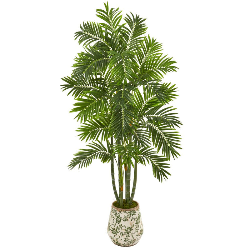 6’ Areca Palm Artificial Tree in Vintage Green Floral Planter Default Title