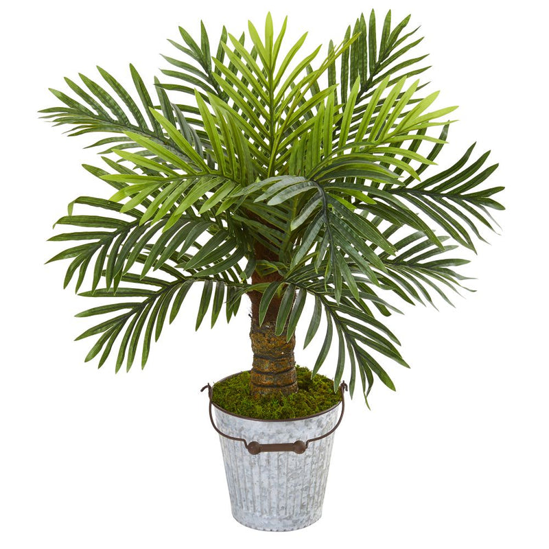 27” Robellini Palm Artificial Tree in White Washed Vintage Metal Pail Default Title