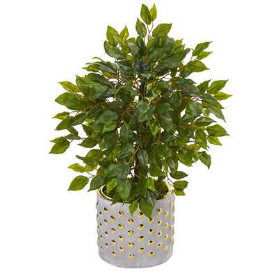 17” Mini Ficus Artificial Tree in Stoneware Vase with Gold Trimming Default Title