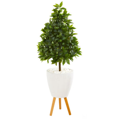 44” Sweet Bay Cone Topiary Artificial Tree in White Planter with Stand Default Title