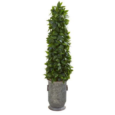 40” Sweet Bay Cone Topiary Artificial Tree in Vintage Metal Planter Default Title