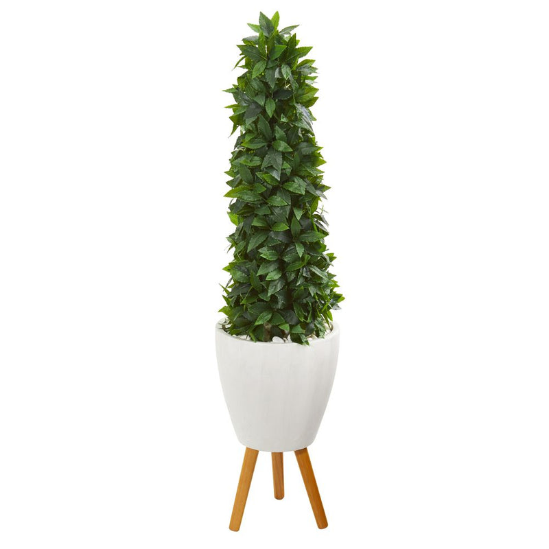 4’ Sweet Bay Cone Topiary Artificial Tree in White Planter with Stand Default Title