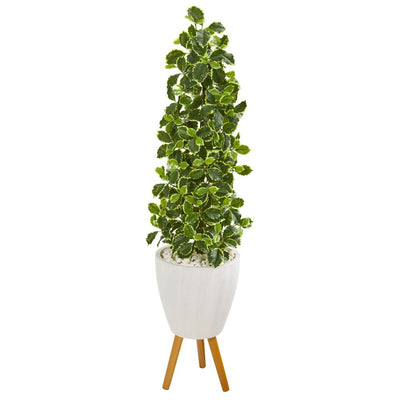 51” Variegated Holly Leaf Artificial Tree in White Planter with Stand (Real Touch) Default Title