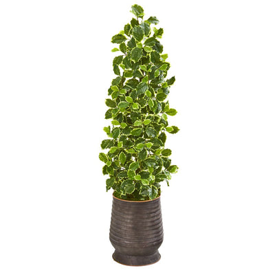 43” Variegated Holly Leaf Artificial Tree in Ribbed Metal Planter (Real Touch) Default Title