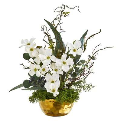 23” Dogwood Artificial Arrangement in Gold Vase Default Title