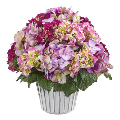 Hydrangea Artificial Arrangement in White Vase Silver Trimming Default Title