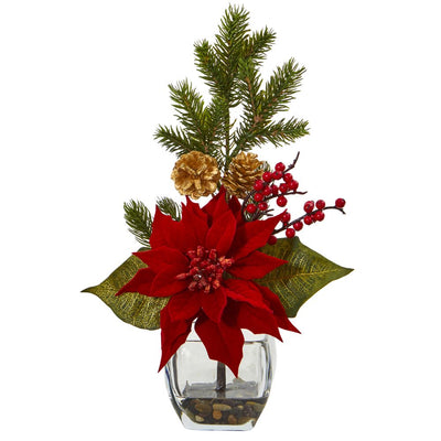 Poinsettia, Berry and Pine Artificial Arrangement in Vase Default Title