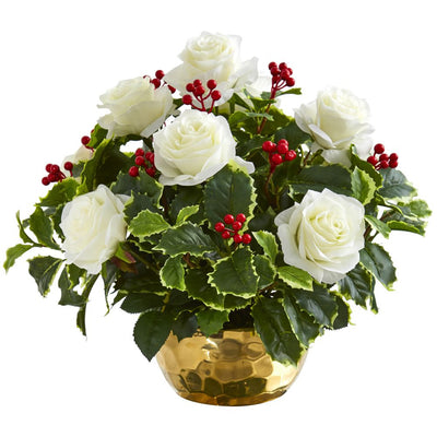 Rose and Variegated Holly Leaf Artificial Arrangement in Gold Bowl Default Title