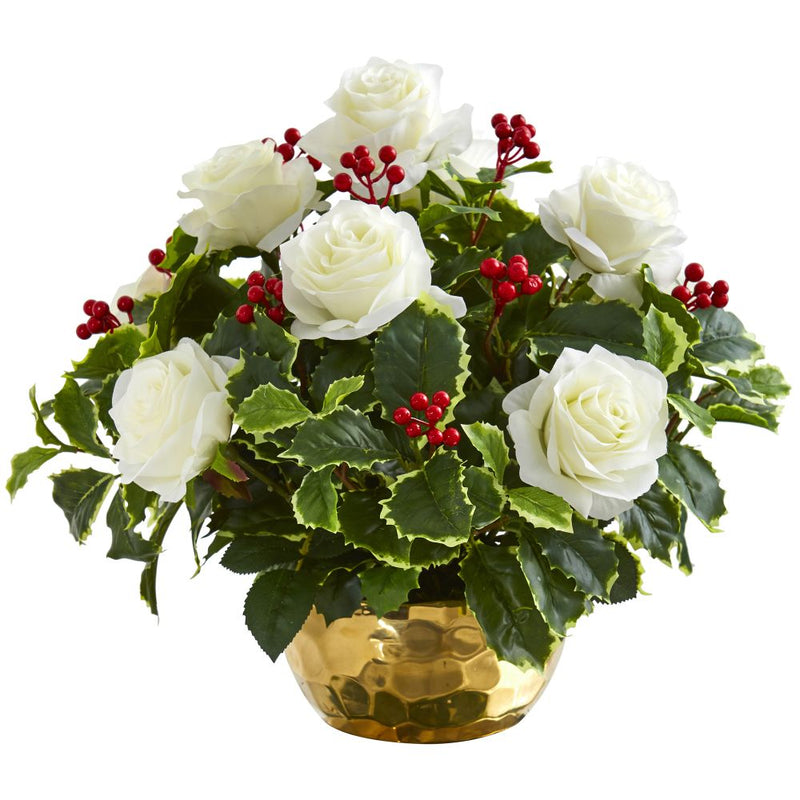 Rose and Variegated Holly Leaf Artificial Arrangement in Gold Bowl Default Title