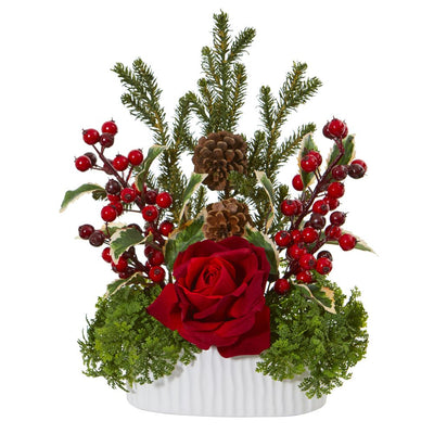 Rose, Holly Berry, Pine & Pinecone Artificial Arrangement in White Vase Default Title