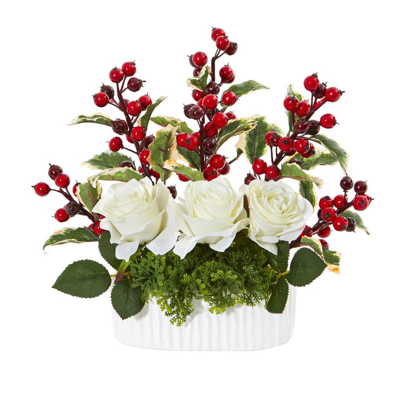 12” Rose and Holly Berry Artificial Arrangement in White Vase Default Title