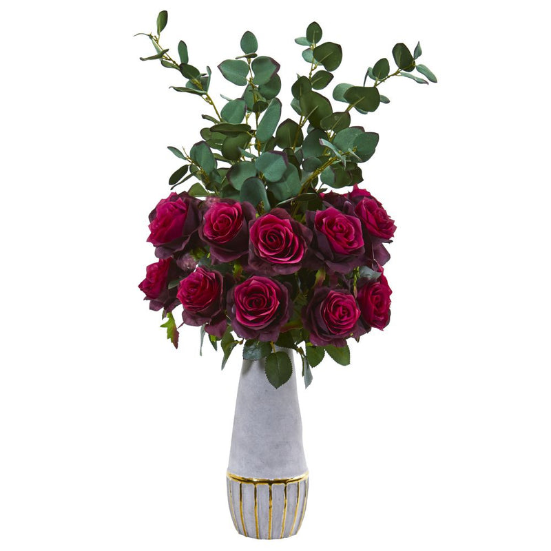 26” Rose and Eucalyptus Artificial Arrangement in Stoneware Vase with Gold Trimming Default Title