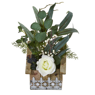 16” Rose and Eucalyptus Artificial Arrangement in Hanging Floral Design House Planter Default Title