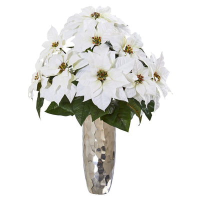 Poinsettia Artificial Arrangement in Silver Cylinder Vase Default Title