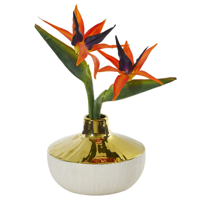 14” Bird of Paradise Artificial Arrangement in Gold and Cream Elegant Vase Default Title