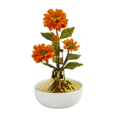 15” Zinnia Artificial Arrangement in Gold and Cream Elegant Vase Default Title