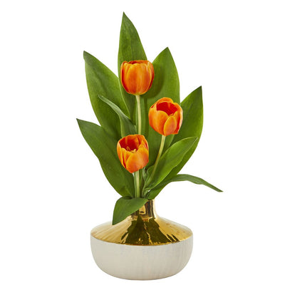 18” Tulip Artificial Arrangement in Gold and Cream Elegant Vase Default Title