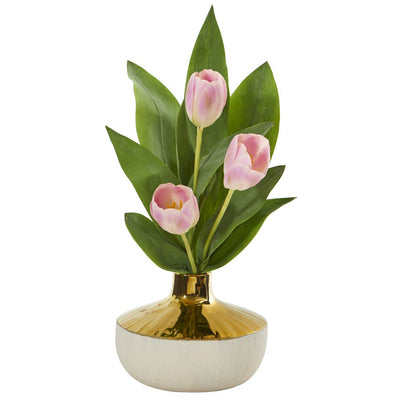 18” Tulip Artificial Arrangement in Gold and Cream Elegant Vase Default Title