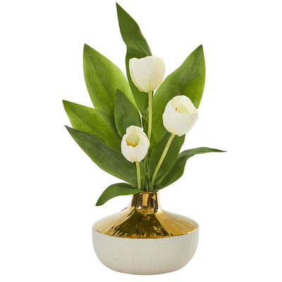 18” Tulip Artificial Arrangement in Gold and Cream Elegant Vase Default Title