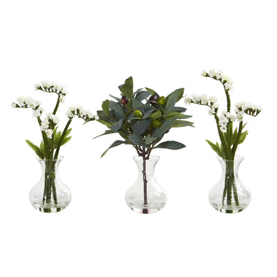 10” Baby Breath and Olive Artificial Arrangement in Vase (Set of 3) Default Title