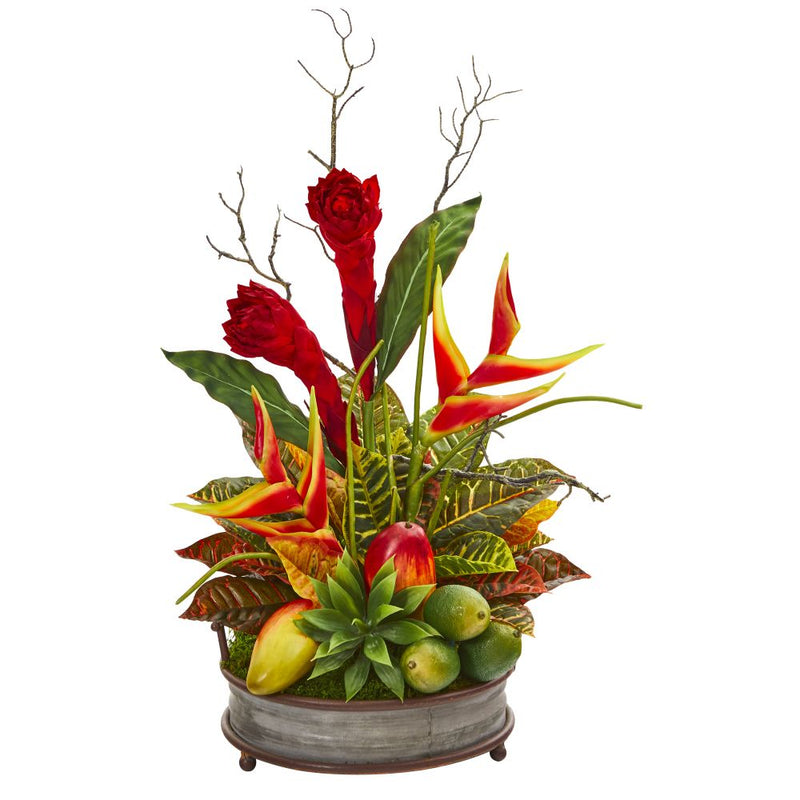 28” Mixed Tropical Arrangement in Metal Tray with Copper Trimming Default Title