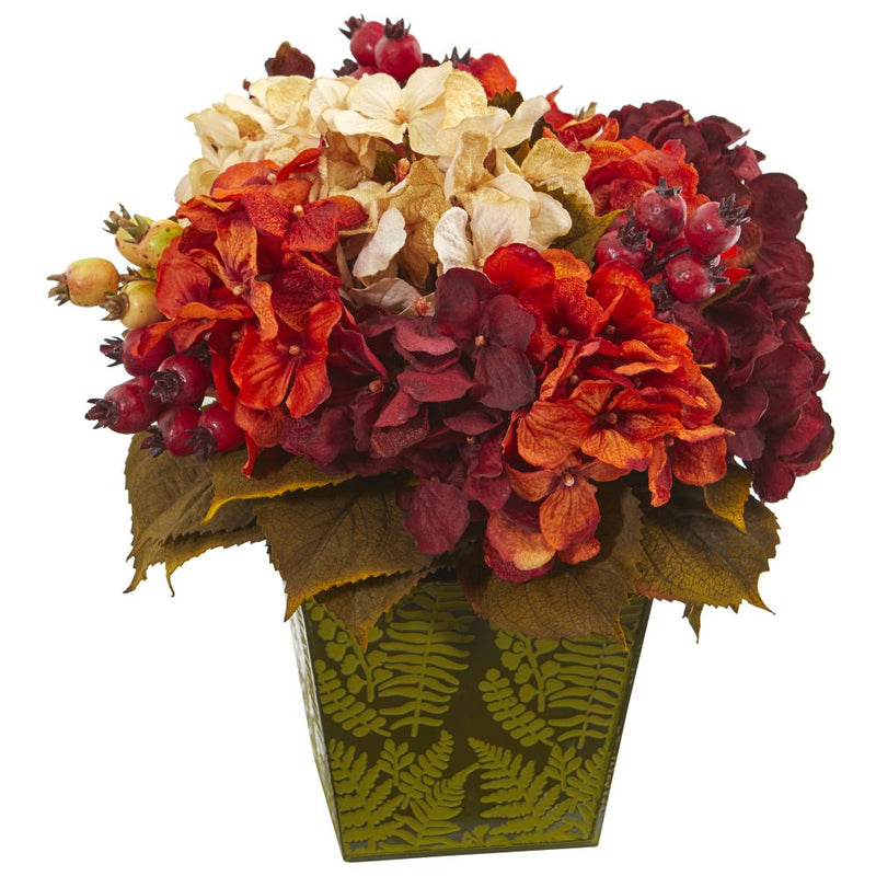 13” Autumn Hydrangea Berry Artificial Arrangement in Green Vase Default Title