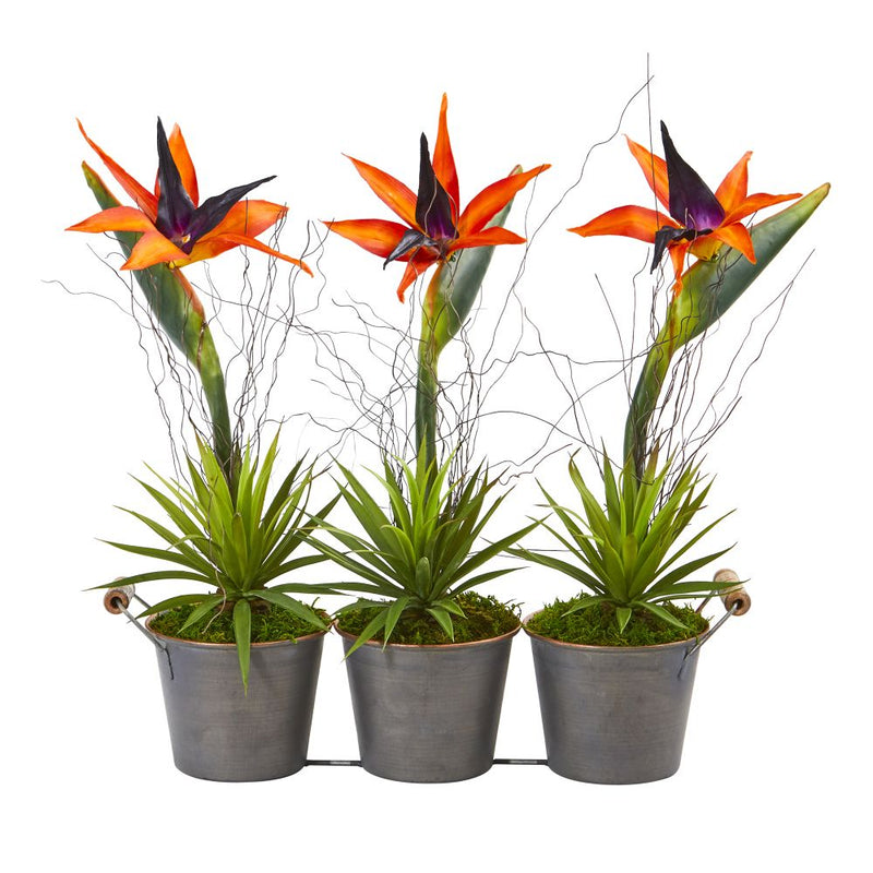 14” Bird of Paradise and Succulent Artificial Arrangement in Trio Metal Planter Default Title