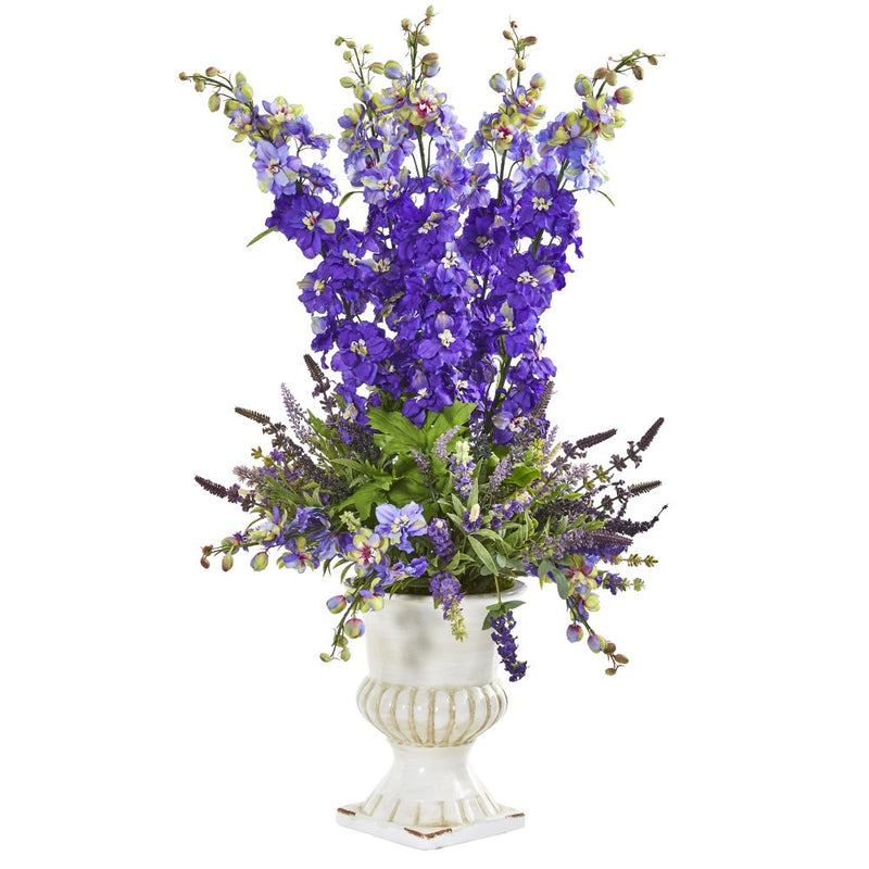 34” Delphinium and Lavender Artificial Arrangement in White Urn Default Title