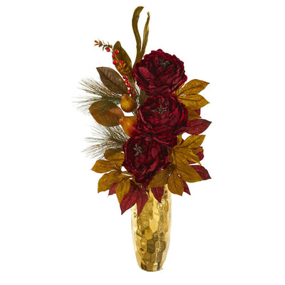 30” Peony, Pear and Magnolia Leaf Artificial Arrangement in Gold Vase Default Title