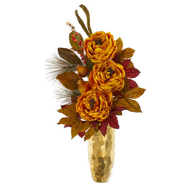 30” Peony, Pear and Magnolia Leaf Artificial Arrangement in Gold Vase Default Title