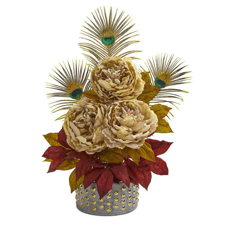 22” Peony and Peacock Feather Artificial Arrangement in Bowl with Gold Trimming Default Title