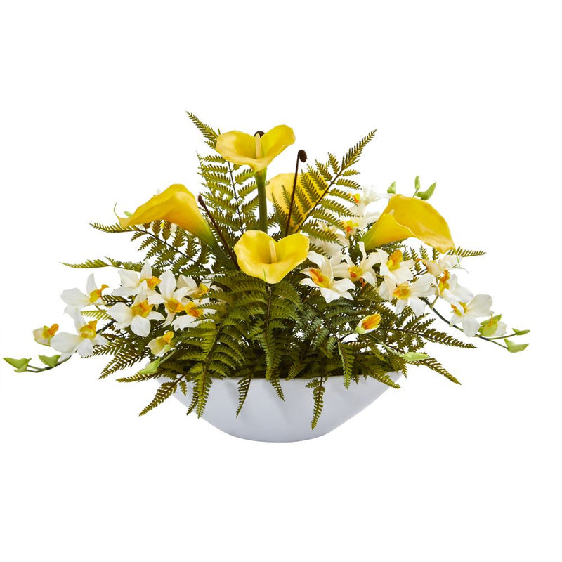 24” Calla Lilly, Dendrobium Orchid and Fern Artificial Arrangement in White Vase Default Title