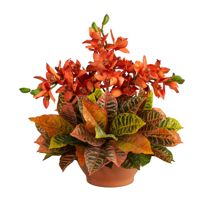 21” Cymbidium Orchid and Croton Artificial Arrangement in Terra Cotta Vase Default Title