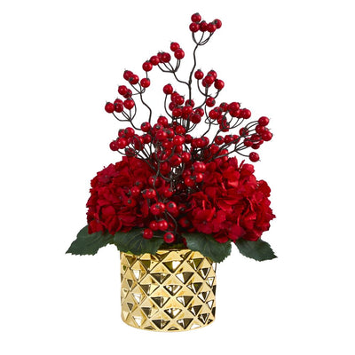 18” Hydrangea and Berries Artificial Arrangement in Gold Vase Default Title