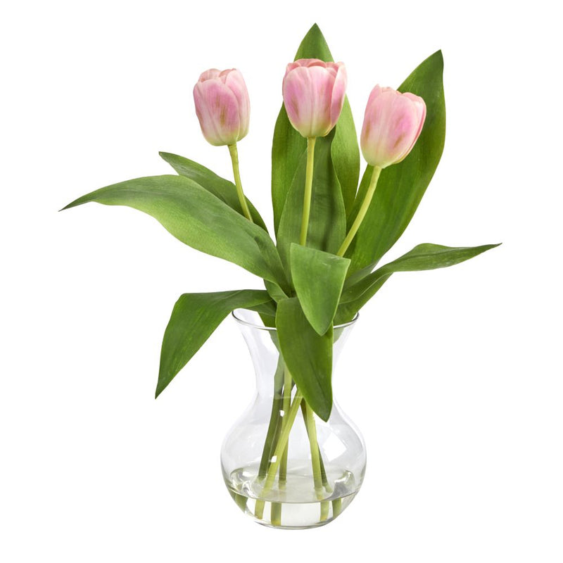 15” Tulip Artificial Arrangement in Glass Vase Default Title