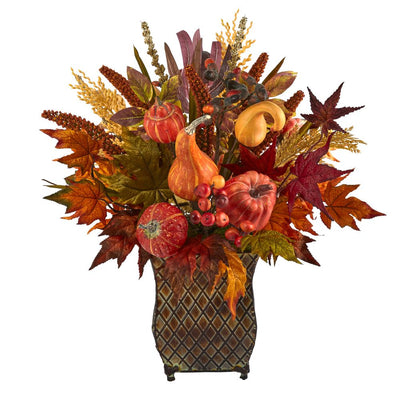 21” Pumpkin, Maple Leaf and Sorghum Harvest Artificial Arrangement in Metal Planter Default Title