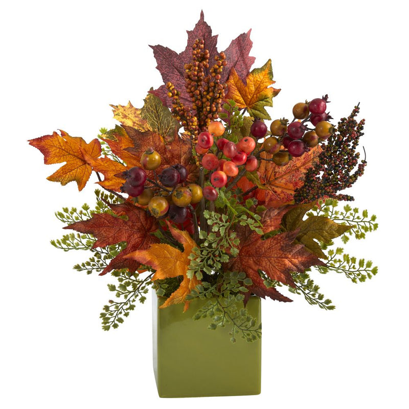 17” Maple Leaf, Berries and Maiden Hair Artificial Arrangement in Green Vase Default Title