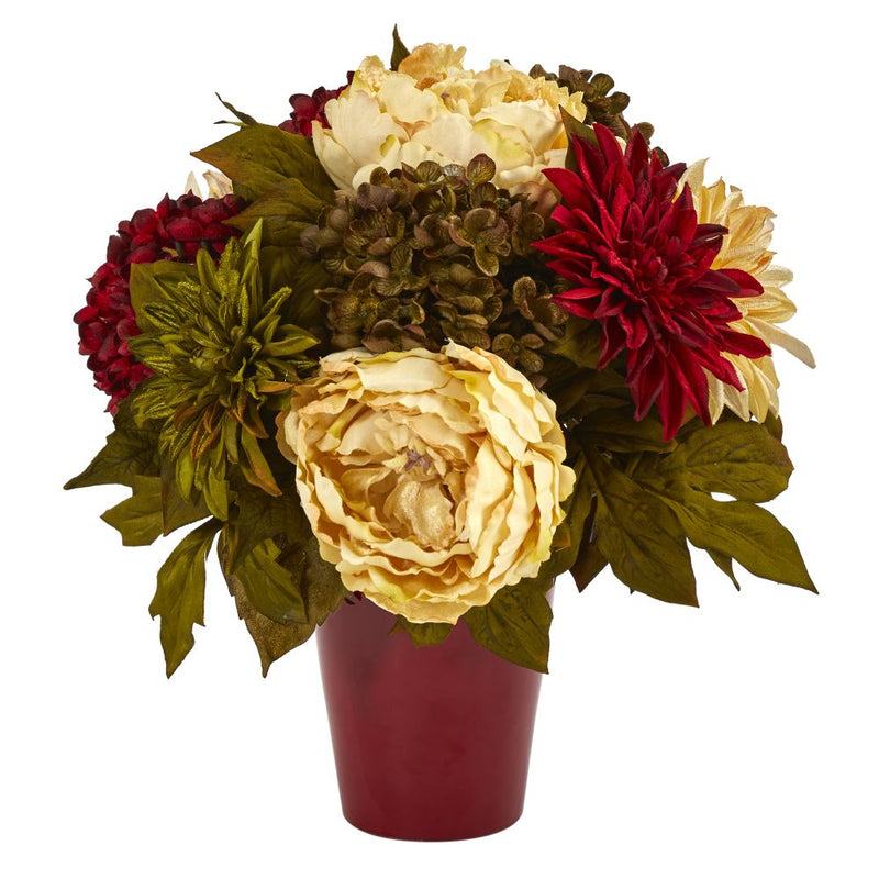 14” Peony, Hydrangea and Dahlia Artificial Arrangement in Burgundy Vase Default Title