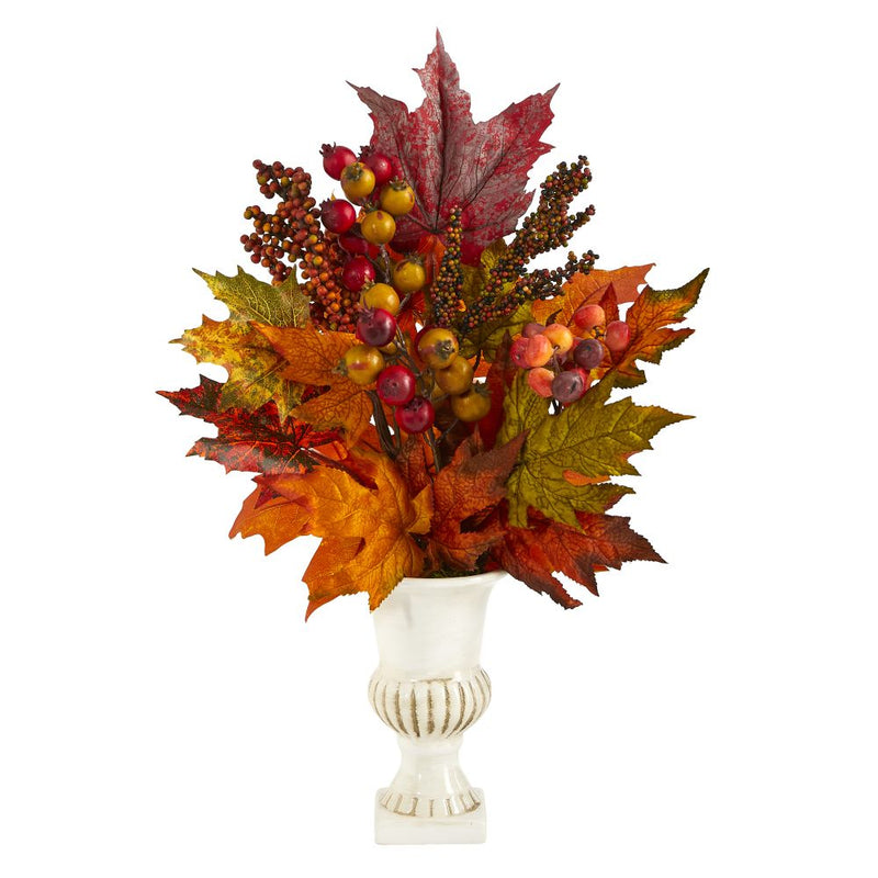 20” Maple Leaf and Berries Artificial Arrangement in White Urn Default Title