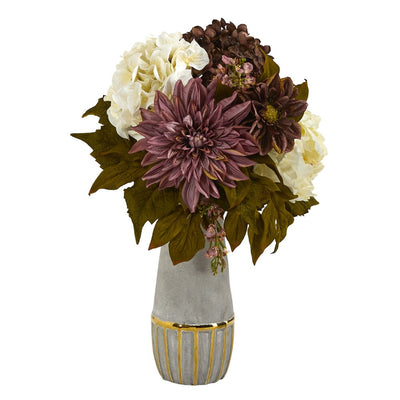 17” Peony, Hydrangea and Dahlia Artificial Arrangement in Stoneware Vase with Gold Trimming Default Title